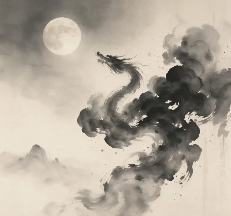 夜煞云品牌意象插画：夜空与中式龙形，非电影角色